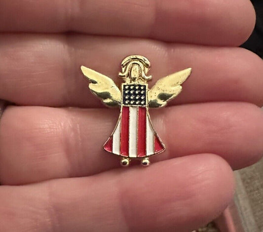 Vtg Gold Tone Guardian Angel Halo American Flag Lapel Pin Red Blue Enamel