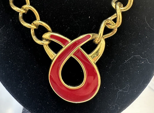 VTG. NAPIER STATEMENT GOLD TONE RED ENAMEL DROP LINK NECKLACE 25”