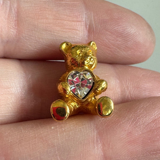 Teddy Bear Brooch with Crystal Heart – Gold Tone Cute Pin