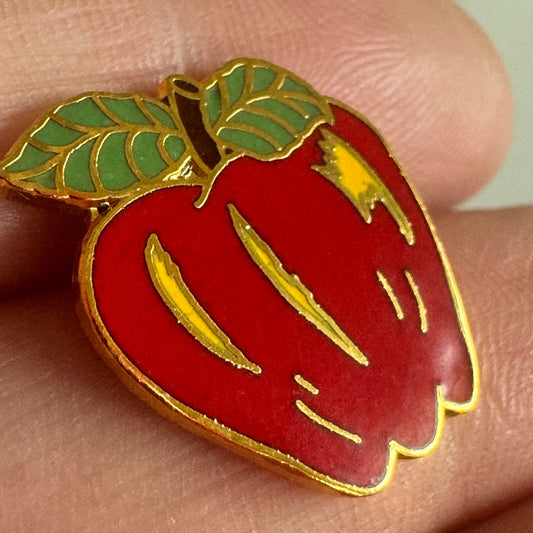 Vintage Red Apple Teacher Pin – Enamel Appreciation Gift with Leaves NOS