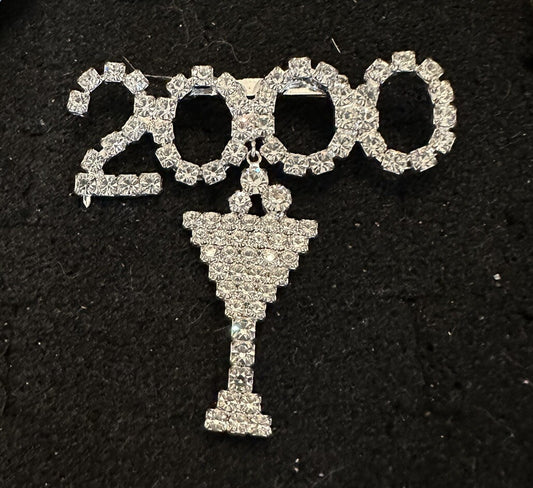 Year 2000 Y2K Clear Crystal Rhinestone Dangle Brooch Pin Martini Champagne