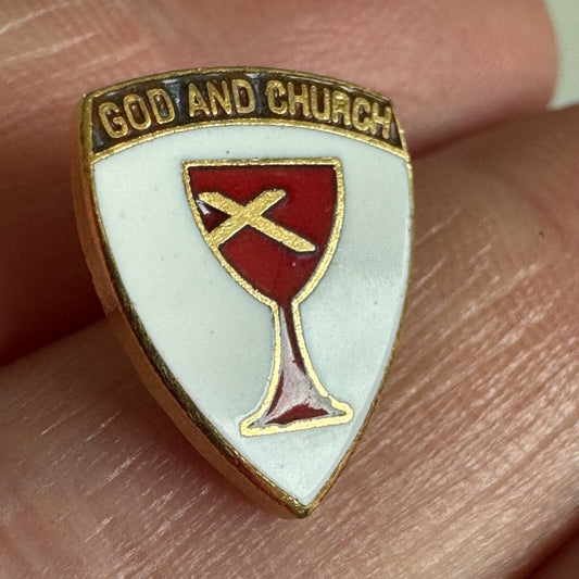"God and Church" Chalice Shield Pin Tie Tack  – Red Cup and Cross Design