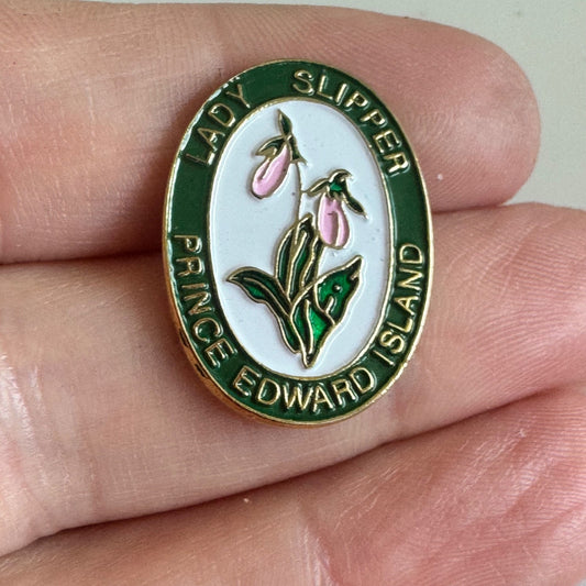 Vtg Prince Edward Island Lady Slipper Flower Enamel Lapel Souvenir Pin