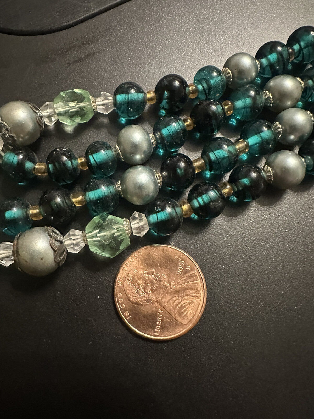 Signed Crown TRIFARI Vintage Green & Gold Multistrand Two 2 Strand Bead Necklace