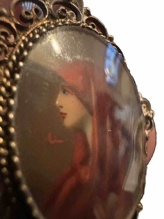 Antique Italian 800 Silver Saint Fabiola Hand Painted Portrait Pendant St. St