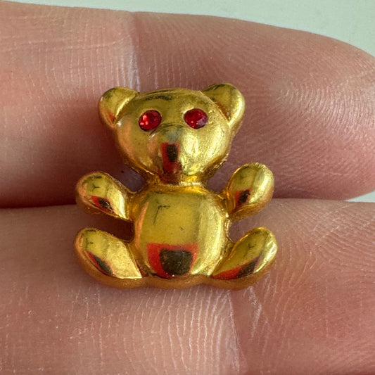 Gold Teddy Bear Brooch with Red Rhinestone Eyes – Vintage Toy Style Pin