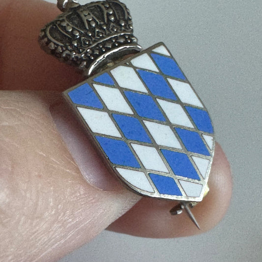 Vintage Bavaria Shield Pin – Blue & White Checkered Crown Crest Bavarian