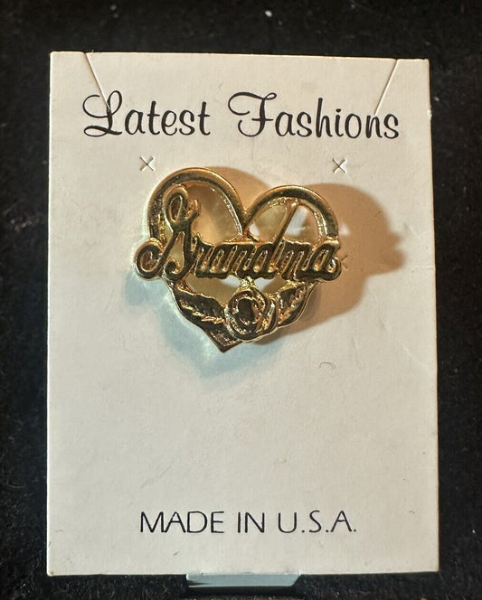 NOS Vintage GRANDMA Gold Tone Letters Heart Flower Lapel Pin