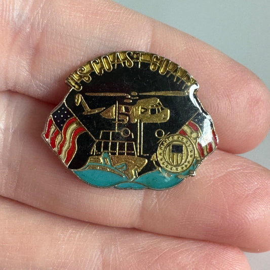 Vintage US Coast Guard Pin – Enamel Badge with Flags Helicopter Boat