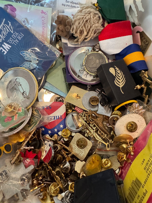 Vtg to Now Random Assortment of Junk Lapel Hat Pins Pinbacks One Pound Drawer