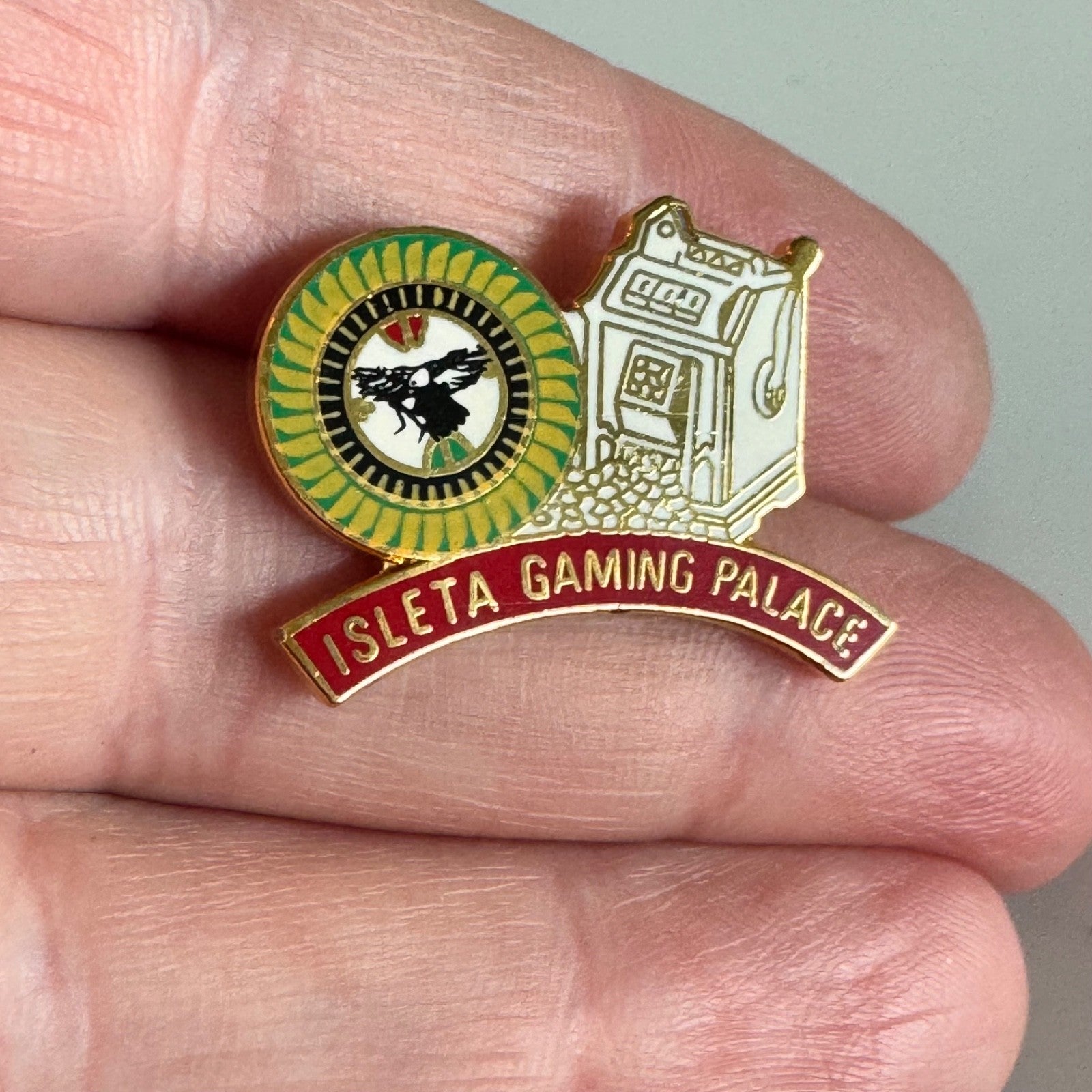 Vintage Isleta Gaming Palace Pin – Roulette Wheel & Slot Machine New Mexico