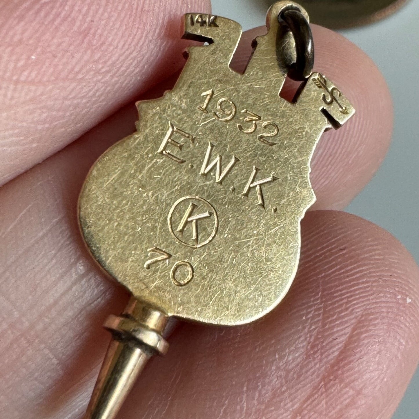1932 University of Kansas 14k Gold Pi Kappa Lambda Society Key Fob Charm Pendant