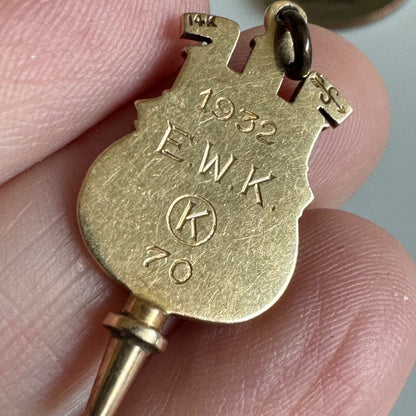 1932 University of Kansas 14k Gold Pi Kappa Lambda Society Key Fob Charm Pendant