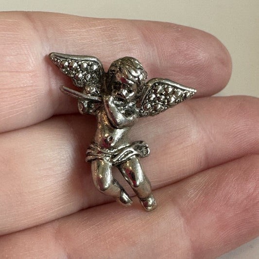 AVON Angel Lapel Pin Silver Tone Faux Marcasite Cherub Wings Flute Playing