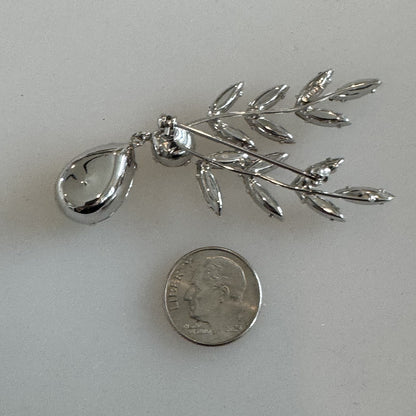 Vintage Napier Signed Dangle Leaf Teardrop Brooch Pin Silver Tone Rhinestone