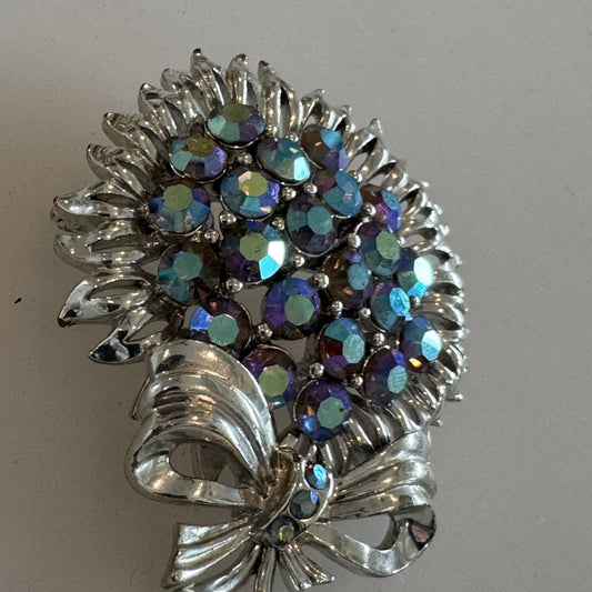 Vintage Signed STAR Flower Aurora Borealis AB Rhinestone Pin Brooch