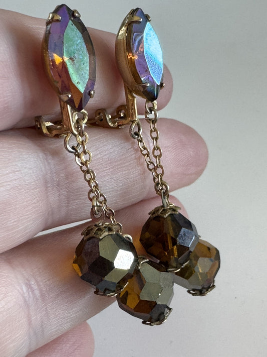 VINTAGE LEWIS SEGAL CALIFORNIA AURORA BOREALIS CRYSTAL CLIP ON DANGLE EARRINGS