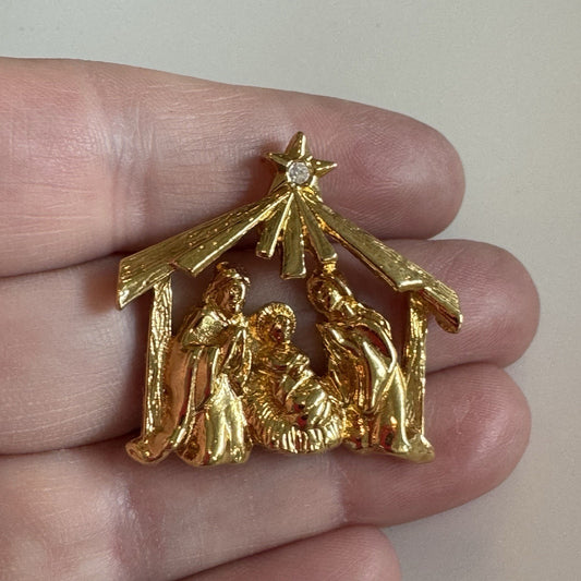 Vtg Avon Nativity Lapel Pin w/ Gold Tone Christmas Manger & Rhinestone Star