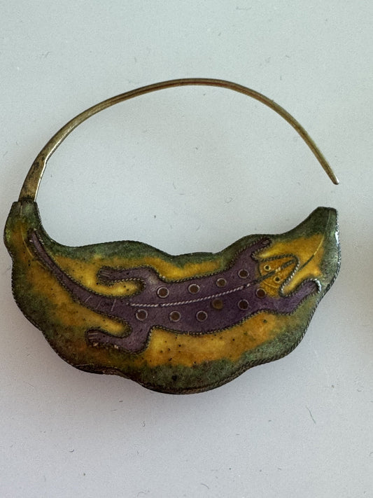 1970’s Laurel Burch Gold Lizard Over Silver Earrings Gold Tone Enamel Cloisonné
