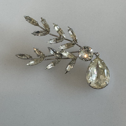 Vintage Napier Signed Dangle Leaf Teardrop Brooch Pin Silver Tone Rhinestone