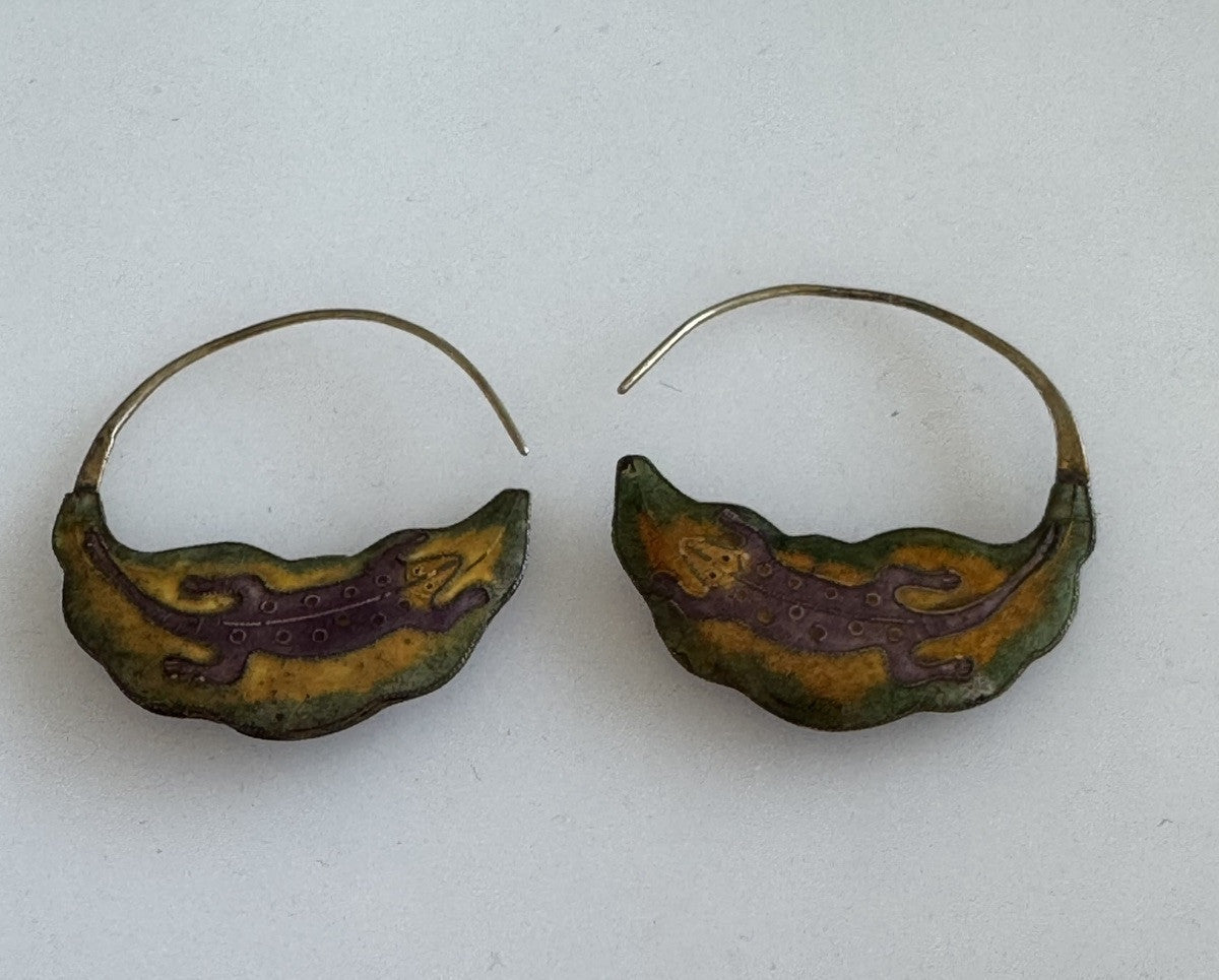 1970’s Laurel Burch Gold Lizard Over Silver Earrings Gold Tone Enamel Cloisonné