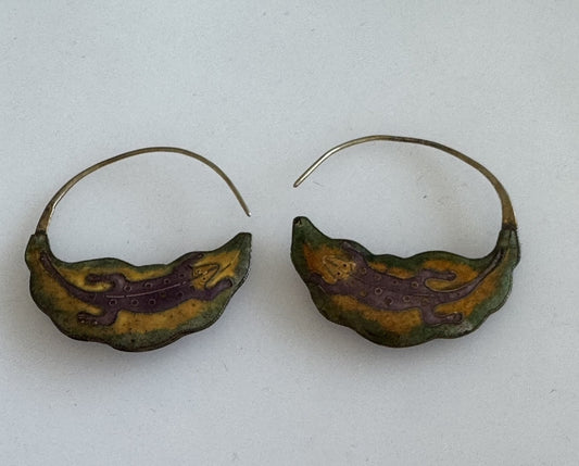 1970’s Laurel Burch Gold Lizard Over Silver Earrings Gold Tone Enamel Cloisonné