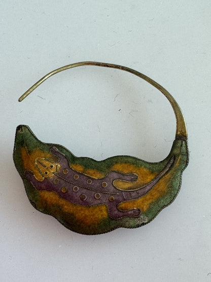 1970’s Laurel Burch Gold Lizard Over Silver Earrings Gold Tone Enamel Cloisonné