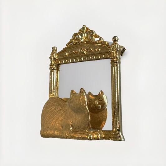 JJ Jonette Cat Kitten Kitty Mirror Reflection Vintage Gold Brooch Pin 2"