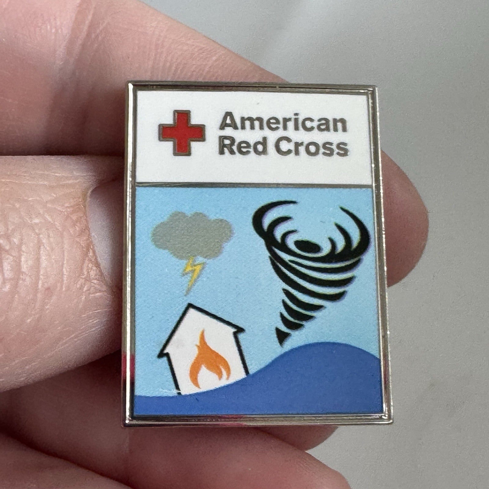 American Red Cross Disaster Relief Lapel Pin Fire Tornado Storm New Old Stock