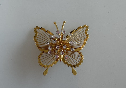 Vintage MONET Butterfly Brooch Pin Clear Rhinestone Gold Tone Open Wire Signed