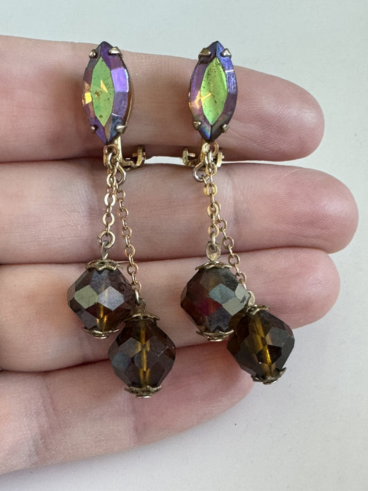 VINTAGE LEWIS SEGAL CALIFORNIA AURORA BOREALIS CRYSTAL CLIP ON DANGLE EARRINGS