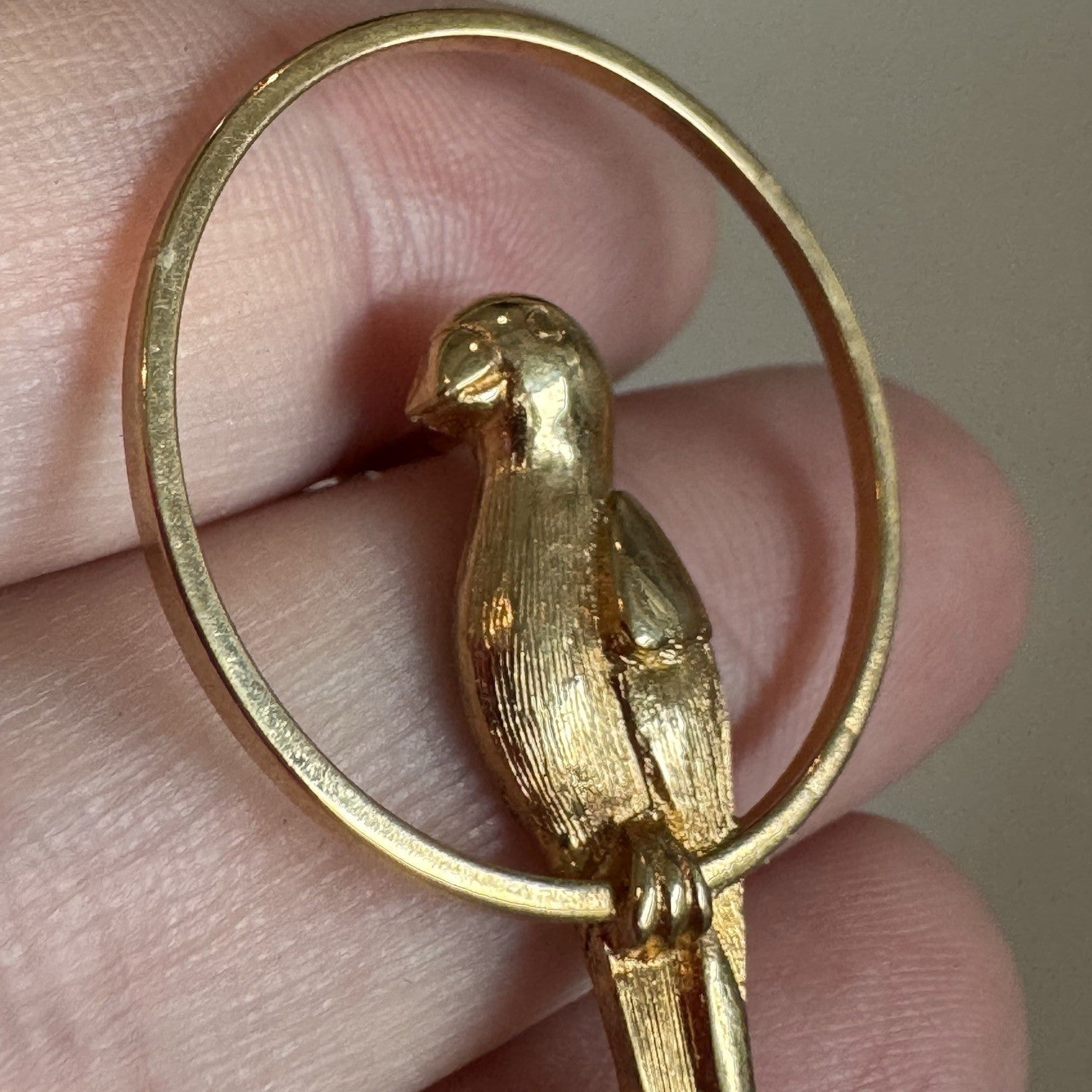 Vintage Avon Parrot Bird Pin Brooch Gold Tone Ring Hoop Figural 