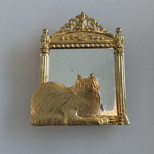 JJ Jonette Cat Kitten Kitty Mirror Reflection Vintage Gold Brooch Pin 2"